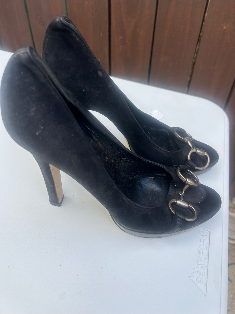 Gucci Black Satin Pumps with Gold Horsebit Accent - Picture 2 of 3